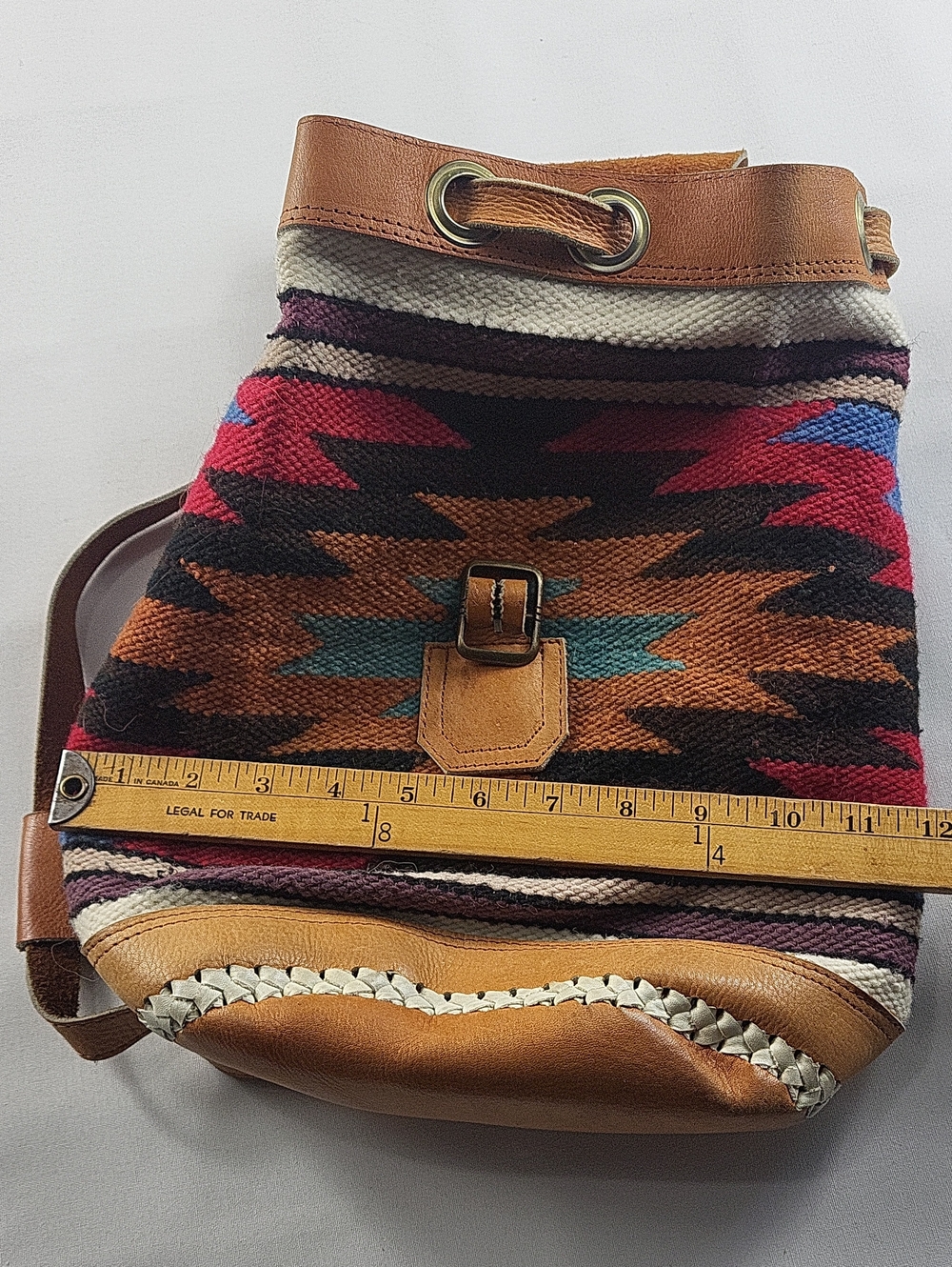 Vintage Southwestern Woven Wool & Leather Backpack Boho - Picture 7 of 8